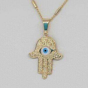 Brand New Brazilian 18k Gold Filled Hamsa with Baby blue evil eye Necklace